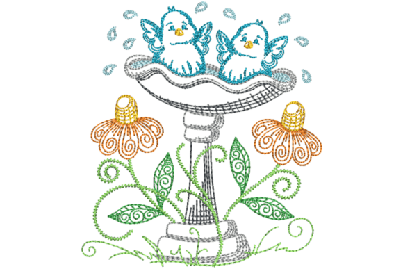 Download Spring Bird Bath Embroidery Design - Design Collection